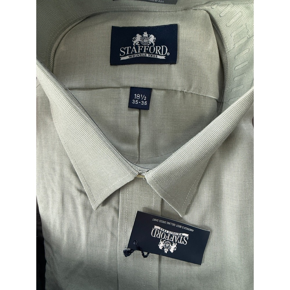 Stafford Wrinkle Free Dress Shirt 18.5 35-36 Sage Green Pinpoint Cotton NWT